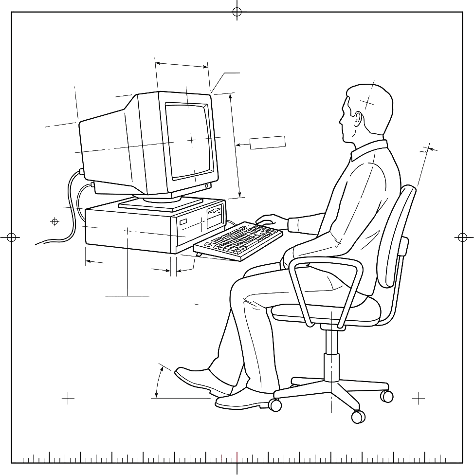 Technical line drawing of a person seated at an early desktop computer