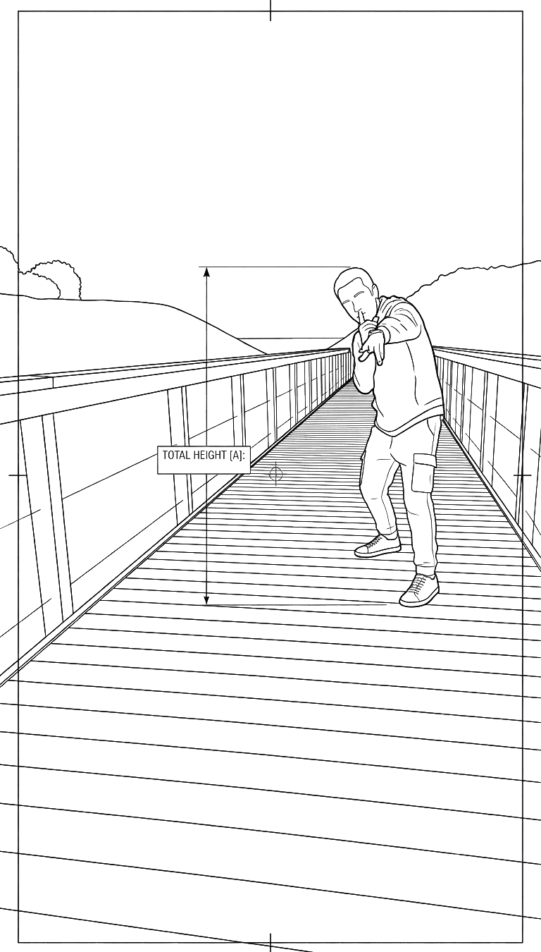 Line drawing of Reggie Tan on a boardwalk with a height dimension callout